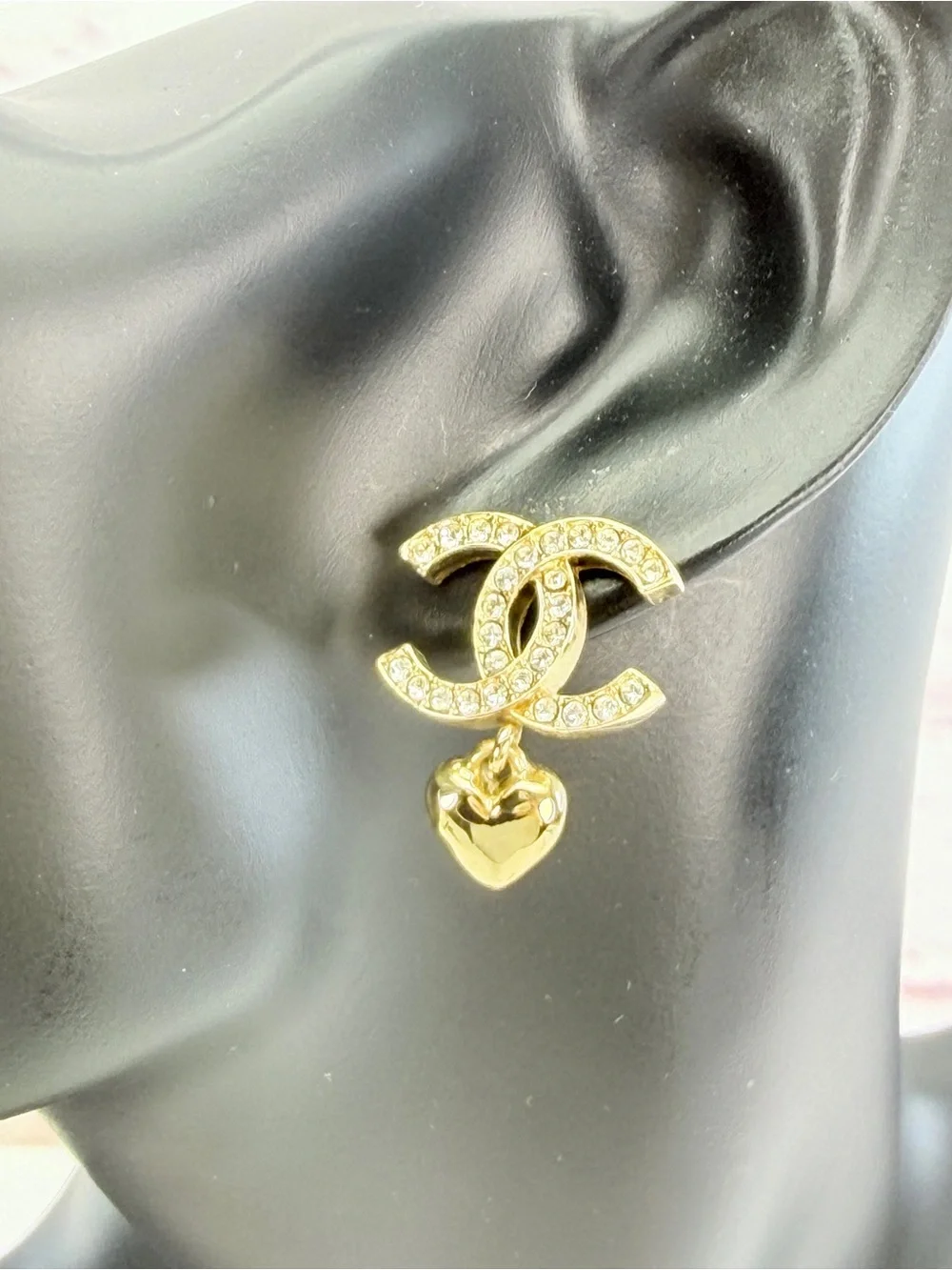 Chanel Metal Crystal CC Heart Drop Earrings Gold